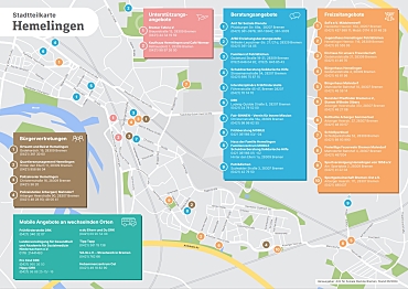 Übersichtskarte zu Beratungsangeboten, Unterstützungsangeboten, Freizeitangeboten, Bürgervertretungen, Spielplätzen, Kindertagesstätten und Schulen im Stadtteil Hemelingen.